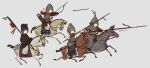  4girls animal armor arrow_(projectile) barding blue_background bow_(weapon) fangdan_runiu hat helmet holding holding_bow_(weapon) holding_polearm holding_weapon horse military multiple_girls original polearm quiver riding sheath sheathed simple_background sword weapon 