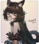  1girl :t animal_ear_fluff animal_ears bangs blue_eyes blunt_bangs border brown_hair cat_ears cat_girl cat_tail commission detached_sleeves flat_chest freckles frown glasses hood hood_down hoodie ivris looking_to_the_side original pout semi-rimless_eyewear shirt short_hair signature sitting skeb_commission skirt sleeveless sleeveless_hoodie sleeveless_shirt solo squinting tail unhappy 