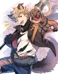  &gt;_o 1boy ;d animal_ears animal_hands axe bara belt black_pants black_tank_top blonde_hair fur_collar gloves granblue_fantasy green_eyes holding holding_axe holding_weapon jacket kingyo_114 large_pectorals looking_at_viewer male_focus muscular muscular_male official_alternate_costume one_eye_closed open_clothes open_jacket open_mouth orange_jacket pants paw_gloves paw_pose pectoral_cleavage pectorals shirt short_hair smile solo tail tank_top torn_clothes torn_shirt vane_(granblue_fantasy) weapon white_shirt wolf_ears wolf_tail 