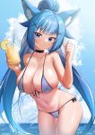  1girl absurdres animal_ear_fluff animal_ears bikini black_choker blue_eyes blue_hair breasts cameltoe choker cleavage closed_mouth collarbone commission cowboy_shot cup day drinking_glass food front-tie_bikini front-tie_top fruit groin hair_ornament hands_up highres holding large_breasts lemon lemon_slice long_hair looking_at_viewer navel original outdoors ponytail side-tie_bikini skindentation smile solo standing stomach string_bikini swimsuit tail thighs very_long_hair wet white_bikini wweed x_hair_ornament 