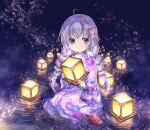  1girl bag bangs blue_eyes braid closed_mouth full_body hair_ornament hairpin highres holding holding_lantern honkai_(series) honkai_impact_3rd japanese_clothes kanai23831347 kiana_kaslana kimono lantern long_hair night night_sky outdoors paper_boat pink_kimono sitting sky solo twin_braids water wet wet_clothes white_hair 