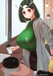  1girl :&gt; ? blinds breasts chinushroya coat coffee_cup commentary_request cup dark_green_hair disposable_cup earrings green_shirt highres holding holding_cup huge_breasts jewelry long_sleeves orange_eyes original price_tag shirt shirt_tucked_in short_hair skirt smile thick_eyebrows twitter_username 