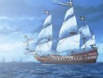 blue_sky building cannon cloud commentary_request day figurehead_(boat) gentry_kichida highres mast military military_vehicle no_humans ocean original outdoors sail sailing_ship ship ship_of_the_line sky sweden swedish_flag vasa_(ship) vehicle_focus warship watercraft waves 