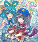  2girls :d back_bow black_skirt blue_bow blue_bowtie blue_dress blue_hair blue_headwear bow bowtie cabbie_hat camellia chinese_clothes commentary_request cowboy_shot dress fang floral_background flower frilled_bow frilled_dress frilled_shirt_collar frilled_sleeves frills grey_hair hagoromo hair_flower hair_ornament hair_ribbon hair_rings hair_stick hat hat_ribbon kaku_seiga long_sleeves looking_at_viewer marker_(medium) medium_hair miyako_yoshika multiple_girls ofuda_on_head open_mouth outstretched_arms pink_flower purple_bow purple_ribbon red_flower ribbon rui_(sugar3) sample shawl short_sleeves skin_fang skirt smile star_(symbol) tangzhuang touhou traditional_media wide_sleeves wrist_cuffs zombie_pose 