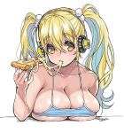  1girl blonde_hair breasts cheese_trail eating eyebrows_visible_through_hair food good_meat_day hair_ornament headphones highres large_breasts nitroplus pizza plump solo sports_bra super_pochaco sweat tank_top thick_eyebrows tsuji_santa twintails yellow_eyes 