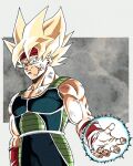  1boy armor bandana bardock black_pants blonde_hair closed_mouth cross_scar dragon_ball dragon_ball_z energy_ball green_eyes headband jzfcgcsr81dqvku looking_at_viewer male_focus pants red_headband saiyan saiyan_armor scar scar_on_cheek scar_on_face serious solo spiked_hair super_saiyan super_saiyan_1 traditional_media upper_body 