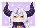  1girl ahoge bangs black_coat blush blush_stickers braid chibi coat collar commentary demon_horns english_commentary eyebrows_visible_through_hair french_braid hair_between_eyes hololive horns kukie-nyan la+_darknesss long_hair looking_at_viewer metal_collar multicolored_hair pointy_ears purple_background purple_hair silver_hair simple_background single_braid slit_pupils solo streaked_hair striped_horns twitter_username two-tone_hair virtual_youtuber yellow_eyes 