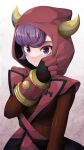  1girl bangs closed_mouth commentary courtney_(pokemon) fake_horns gloves gradient gradient_background highres hood hood_pull hood_up horns long_sleeves looking_at_viewer pokemon pokemon_(game) pokemon_oras purple_eyes purple_hair red_gloves red_sweater ribbed_sweater short_hair solo sweater team_magma team_magma_uniform tento_(1010) upper_body vambraces 