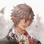  1boy absurdres avatar_(ffxiv) black_coat braid brown_hair closed_mouth coat commentary elezen elf english_text final_fantasy final_fantasy_xiv highres huizhoumao looking_at_viewer male_focus pointy_ears portrait red_eyes scar scar_on_face shirt short_hair side_braid smile solo white_shirt 