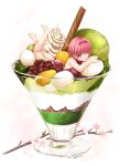  1girl anmitsu_(dessert) ass bangs bare_arms bare_legs bare_shoulders barefoot blunt_bangs branch breasts character_request cherry_blossoms chobipero commentary_request cup dated drinking_glass feet_up flower food hairband ice_cream in_container in_cup in_food looking_at_viewer lying medium_hair minigirl mochi on_stomach one-piece_swimsuit parfait petals pink_flower pink_hair red_bean_ice_cream red_eyes red_swimsuit signature smile soft_serve solo swimsuit tenka_hyakken the_pose wafer_stick white_background white_flower 