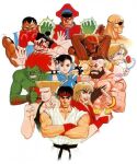  1girl 6+boys arm_hair arms_behind_head bald balrog_(street_fighter) beard biceps black_hair blanka blonde_hair blue_dress boxing_gloves bracelet brown_hair bun_cover chest_hair china_dress chinese_clothes chun-li clenched_hands closed_eyes closed_mouth collarbone colored_skin crossed_arms dark-skinned_male dark_skin dhalsim double_bun dougi dress earrings edmond_honda energy eyepatch facepaint facial_hair fighting_stance fingernails flattop flower flower_in_mouth green_skin green_tank_top guile hand_mirror hands_up hat holding holding_mirror hoop_earrings index_finger_raised jewelry ken_masters looking_at_viewer m_bison military_hat mirror mouth_hold multiple_boys muscular muscular_male official_art open_mouth red_flower red_hair red_headwear red_rose rose ryu_(street_fighter) sagat short_hair simple_background smile spiked_bracelet spikes street_fighter street_fighter_ii_(series) tank_top teeth thick_eyebrows thumbs_up upper_teeth vega white_background yasuda_akira zangief 
