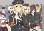  6+girls amehashi_(vdde3724) blonde_hair brown_eyes commentary_request g43_(girls&#039;_frontline) gewehr_43 girls&#039;_frontline grey_hair gun handgun hat highres looking_at_viewer luger_p08 machine_gun mg42 mg42_(girls&#039;_frontline) military military_hat military_uniform mp40 mp40_(girls&#039;_frontline) multiple_girls p08_(girls&#039;_frontline) p38_(girls&#039;_frontline) pistol rifle stg44_(girls&#039;_frontline) submachine_gun uniform weapon wehrmacht 