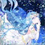  1girl absurdres blue_hair bug butterfly chinese_commentary commentary_request douluo_dalu dress gem gradient_eyes hair_ornament hand_on_own_face highres multicolored_eyes sideways_glance tang_wutong_(douluo_dalu) tang_wutong_tong_ren_she twintails weibo_id weibo_logo white_dress 