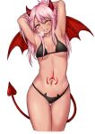  1girl armpits arms_behind_head arms_up bangs bare_shoulders bikini black_bikini blush breasts chloe_von_einzbern cleavage collarbone commentary cowboy_shot dark-skinned_female dark_skin demon_girl demon_horns demon_tail demon_wings eyebrows_behind_hair fang fate/kaleid_liner_prisma_illya fate_(series) grin hair_between_eyes horns long_hair looking_at_viewer naughty_face navel one_side_up pink_hair sidelocks simple_background small_breasts smile solo standing steam stomach stomach_tattoo sweat swimsuit tail tarte.k tattoo teeth thigh_gap underboob white_background wings yellow_eyes 