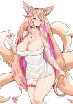  1girl animal_ear_fluff animal_ears bare_shoulders blush breasts bright_pupils cleavage collarbone commentary commission destiny_child detached_sleeves dress english_commentary facial_mark fox_ears fox_girl fox_tail hair_ornament highres large_breasts long_hair looking_at_viewer mole multicolored_hair multiple_tails norman_maggot red_eyes simple_background smile solo strapless strapless_dress tail tamamo_(destiny_child) thighs very_long_hair white_background white_dress 