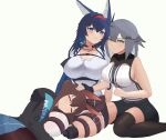 3girls absurdres amiya_(arknights) animal_ears arknights bangs bare_shoulders belt black_jacket blaze_(arknights) blue_eyes blue_hair blush breasts brown_hair cat_ears cat_girl chest_belt chest_strap cleavage closed_mouth commentary fingerless_gloves framed_breasts gloves green_eyes grey_hair greythroat_(arknights) hair_between_eyes hairband hand_on_another&#039;s_head highres huge_breasts jacket kfsocks large_breasts leggings long_hair looking_at_viewer multiple_girls open_clothes open_jacket open_mouth rabbit_girl red_hairband rhodes_island_logo shirt sideboob simple_background skindentation skirt sleeveless sleeveless_shirt smile tank_top thick_thighs thigh_strap thighhighs thighs white_background white_tank_top zettai_ryouiki 