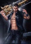  1boy abs anjingkuxiao bara beard cowboy_shot cross cross_necklace facial_hair final_fantasy final_fantasy_xv gladiolus_amicitia gloves jewelry leather leather_gloves leather_pants male_focus male_pubic_hair mature_male muscular muscular_male navel necklace open_clothes over_shoulder pants pectoral_cleavage pectorals pubic_hair scar scar_across_eye scar_on_face smile solo stomach stubble sword sword_over_shoulder tattoo weapon weapon_over_shoulder 