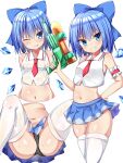  1girl ;q adapted_costume armband ass bangs bikini black_bikini blue_bow blue_hair blue_skirt bow breasts cirno collared_shirt eyebrows_visible_through_hair grin hair_bow highres holding holding_water_gun ice ice_wings kuraaken looking_at_viewer micro_bikini multiple_views navel necktie one_eye_closed panties pantyshot pleated_skirt red_necktie see-through_legwear see-through_shirt shirt short_hair simple_background skirt small_breasts smile sweat swimsuit thighhighs thighs tongue tongue_out touhou underwear water_gun white_background white_legwear white_shirt wings wrist_cuffs 