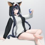  1girl absurdres animal_hood arknights arm_support bangs bare_legs barefoot black_hair blaze_(arknights) blue_eyes bottle breasts cat_girl cat_hood closed_mouth drawstring eyebrows_visible_through_hair fang fang_out feet grey_background hairband highres holding hood hood_up hoodie large_breasts leg_up long_hair long_sleeves milk milk_bottle no_panties on_bed pouring_onto_self red_hairband simple_background sitting sitting_on_bed skin_fang smile soles solo toes two-tone_hoodie vamjulian very_long_hair 