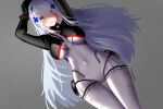  1girl :o arms_up bangs black_gloves blush bodysuit breasts covered_navel dutch_angle eyebrows_visible_through_hair girls&#039;_frontline gloves green_eyes grey_background hair_ornament highres hk416_(girls&#039;_frontline) hk416_(midnight_evangelion)_(girls&#039;_frontline) impossible_bodysuit impossible_clothes ksartworks large_breasts long_hair looking_at_viewer official_alternate_costume open_mouth pleated_skirt showgirl_skirt sidelocks silver_hair simple_background skirt solo thigh_gap very_long_hair white_skirt 