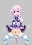  1girl anal_beads blush bodysuit bodysuit_under_clothes censored choker commentary_request corruption d-pad d-pad_hair_ornament dildo dress eyebrows_visible_through_hair gozaru hair_between_eyes hair_ornament highres kami_jigen_game_neptune_v looking_at_viewer medium_hair mind_control neptune_(neptune_series) neptune_(series) open_mouth purple_dress purple_eyes purple_hair sex_toy short_sleeves sidelocks simple_background solo spread_legs vest 