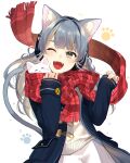  1girl ;d animal animal_ear_fluff animal_ears bangs blue_coat blunt_bangs blush bow brown_hair cat cat_ears cat_girl cat_tail coat commentary_request cowboy_shot duffel_coat eyebrows_visible_through_hair fangs headphones highres implied_extra_ears jill_07km long_sleeves looking_at_viewer multicolored_hair one_eye_closed open_clothes open_coat original paw_print paw_print_background red_bow red_scarf scarf silver_hair skirt sleeves_past_wrists smile solo sweater tail teeth two-tone_hair upper_teeth white_background white_skirt white_sweater yellow_eyes 