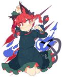  1girl :3 animal_ear_fluff animal_ears blue_fire bow braid cat_ears clenched_hand dress extra_ears fire green_dress ini_(inunabe00) kaenbyou_rin looking_at_viewer multiple_tails nekomata paw_pose pointy_ears puffy_sleeves red_eyes red_hair simple_background sitting slit_pupils solo stretch subterranean_animism tail touhou twin_braids whiskers 