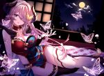  1girl arm_support asymmetrical_legwear bare_shoulders bed_sheet black_cape black_legwear black_panties blue_eyes braid breasts bug butterfly cape cleavage cloud collarbone commentary_request crown_braid detached_collar draph dress feet_out_of_frame full_moon glowing_butterfly granblue_fantasy hair_over_one_eye highres horns indoors lace-trimmed_dress lace-trimmed_legwear lace-trimmed_panties lace_trim large_breasts long_hair looking_at_viewer mismatched_legwear moon multiple_braids narmaya_(granblue_fantasy) on_bed panties parted_lips pointy_ears reclining short_dress sideless_outfit sidelocks signature sky smile solo star_(sky) starry_sky thighhighs two-tone_dress underwear very_long_hair white_legwear window yoake 