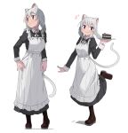  1girl :3 animal_ears bangs boots braid cake cat_ears cat_girl cat_tail eyebrows_visible_through_hair food full_body grey_hair highres holding juliet_sleeves long_hair long_sleeves looking_at_viewer looking_away maid multiple_views original plate puffy_sleeves purple_eyes saiste simple_background smile standing standing_on_one_leg tail twin_braids white_background 