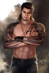  1boy abs anjingkuxiao bara beard belt brown_hair chest_tattoo cross cross_necklace crossed_arms facial_hair final_fantasy final_fantasy_xv gladiolus_amicitia highres jewelry leather leather_pants male_focus muscular muscular_male necklace pants pectorals scar scar_across_eye scar_on_face solo stomach stubble tattoo topless topless_male 