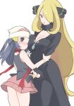  2girls age_difference beanie black_coat black_eyes black_hair black_nails black_pants black_shirt blonde_hair blush breasts chorimokki cleavage coat cynthia_(pokemon) dawn_(pokemon) face_to_breasts fur-trimmed_sleeves fur_collar fur_trim grey_eyes hair_ornament hair_over_one_eye hat height_difference large_breasts long_hair looking_at_another mature_female miniskirt multiple_girls one_eye_closed pants pink_skirt poke_ball_print pokemon pokemon_(game) pokemon_dppt red_scarf scarf shirt skirt sweatdrop very_long_hair yuri 