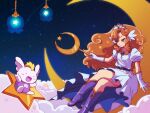  1girl boots brown_hair cloud crescent crescent_facial_mark crown curly_hair dress drill_hair facial_mark gloves holding holding_staff honcha long_hair on_moon panel_de_pon puffy_short_sleeves puffy_sleeves purple_footwear seren_(panel_de_pon) short_sleeves smile staff star_(sky) star_(symbol) twin_drills white_dress white_gloves 