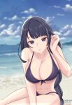  1girl amai-pai artist_name bangs beach bikini blue_sky breasts cleavage cloud eyebrows_visible_through_hair genshin_impact highres huge_breasts large_breasts long_hair looking_at_viewer navel patreon_username purple_eyes purple_hair raiden_shogun sky solo swimsuit twitter_username water 