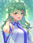  1girl :d albino arm_up armpits bangs bangs_pinned_back blush bra_visible_through_clothes branch breasts commentary_request detached_sleeves eyebrows_visible_through_hair eyelashes frog_hair_ornament green_eyes green_hair hair_ornament hair_tubes hand_in_hair happy highres kochiya_sanae large_breasts leaf long_hair long_sleeves looking_at_viewer nontraditional_miko open_mouth red_eyes sidelocks smile snake_hair_ornament solo standing touhou tree twig upper_body wankosoba wide_sleeves wing_collar 