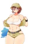  1girl abs belt breasts brown_eyes brown_hair cleavage collarbone cowboy_shot crop_top fio_germi glasses hanzo_(2929) hat highres huge_breasts jacket jacket_partially_removed looking_at_viewer metal_slug ponytail removing_jacket short_shorts shorts sidelocks simple_background smile solo thick_thighs thighs toned white_background wristband 