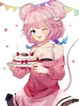  1girl animal_ears black_bra blue_eyes blush bra braid breasts cake cleavage collarbone commission emiri_kura english_commentary eyebrows_visible_through_hair food fruit gradient_hair highres holding holding_plate indie_virtual_youtuber medium_breasts mouse_ears mouse_girl mouse_hair_ornament mouse_tail multicolored_hair off-shoulder_sweater off_shoulder open_mouth pink_hair pink_skirt pink_sweater plate second-party_source skirt smile solo sorani_(kaeru0768) strawberry sweater tail twin_braids underwear virtual_youtuber 