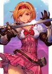  1girl blonde_hair breasts brown_eyes collarbone djeeta_(granblue_fantasy) dress granblue_fantasy hairband holding holding_sword holding_weapon hungry_clicker medium_breasts pink_dress pink_skirt scabbard sheath short_hair skirt solo sword weapon 