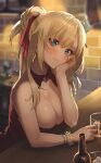  1girl :3 absurdres alcohol bare_arms bare_shoulders blonde_hair blue_eyes blush boku_wa_tomodachi_ga_sukunai bottle breasts bug butterfly butterfly_hair_ornament cleavage commentary cup dress drinking_glass flower hair_ornament hair_ribbon highres kashiwazaki_sena large_breasts long_hair looking_at_viewer parted_lips ponytail red_dress red_ribbon ribbon smile solo sooon symbol-only_commentary wine wine_bottle wine_glass 