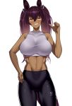  1girl abs adidas animal_ears ass_visible_through_thighs blush breasts commentary commission cowboy_shot dark_skin english_commentary hair_between_eyes hand_on_hip highres horse_ears horse_girl horse_tail kurosawa_rui_(hjkl42332) large_breasts leggings long_hair looking_at_viewer maverick_valor midriff navel original parted_lips pixiv_request purple_hair simple_background solo tail teeth thighhighs toned twintails umamusume white_background yellow_eyes 