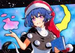  1girl black_capelet blue_hair book capelet doremy_sweet dream_soul dress hat multicolored_clothes multicolored_dress nightcap pom_pom_(clothes) qqqrinkappp short_hair solo tail tapir_tail touhou traditional_media 