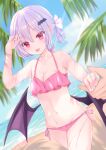  1girl 1other alternate_costume alternate_hairstyle arm_up bangs bat_hair_ornament bat_wings beach blurry blurry_background blush breasts cleavage collarbone commentary_request embodiment_of_scarlet_devil eyebrows_visible_through_hair fang frilled_swimsuit frills hair_ornament highres holding_hands kei_(hidden) leaf looking_at_viewer nail_polish navel ocean palm_tree pink_swimsuit pointy_ears purple_hair red_eyes remilia_scarlet shadow side_ponytail signature small_breasts solo_focus standing swimsuit thighs touhou tree wet white_nails wings 