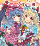  2girls :d bat_wings black_wings blonde_hair blue_hair bow bowtie brooch closed_mouth collared_shirt crystal eyebrows_visible_through_hair fang flandre_scarlet floral_background flower frilled_shirt_collar frilled_skirt frills green_brooch hat hat_ribbon head_tilt jewelry juliet_sleeves long_sleeves looking_at_viewer marker_(medium) mob_cap multiple_girls neck_ribbon open_mouth orange_flower orange_rose petals pink_headwear pink_shirt pink_skirt puffy_short_sleeves puffy_sleeves purple_bow purple_bowtie red_eyes red_flower red_ribbon red_rose red_skirt red_vest remilia_scarlet ribbon rose rose_petals rui_(sugar3) sample shirt short_sleeves skin_fang skirt skirt_hold skirt_set sleeve_ribbon smile touhou traditional_media vest white_headwear white_shirt wings yellow_ribbon 