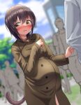  1girl bangs big_belly black_hair blue_sky blurry blurry_background blush breasts brown_coat cat_tail clothes_grab coat commentary_request day depth_of_field dutch_angle embarrassed exhibitionism eyebrows_visible_through_hair funami_yui hand_on_own_chest long_sleeves looking_away looking_to_the_side nose_blush open_clothes open_coat outdoors parted_lips people pregnant rope shibari shibari_under_clothes short_hair sky sleeve_grab small_breasts soba_chatarou_(tita) solo_focus tail yuru_yuri 