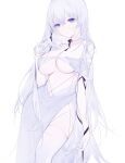  1girl absurdres bangs breasts cleavage cleavage_cutout clothing_cutout covered_nipples dress gloves highres large_breasts looking_at_viewer miyuki_(miyuki0529) navel original playing_with_own_hair purple_eyes revealing_clothes side_slit solo thighhighs white_background white_dress white_gloves white_hair white_legwear 