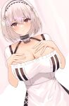  1girl absurdres aisumi_ran azur_lane bangs blush breasts cleavage collarbone crossed_bangs dress eyebrows_visible_through_hair frills hairband hands_on_own_chest highres large_breasts looking_at_viewer parted_lips red_eyes short_hair short_sleeves sirius_(azur_lane) solo white_hair white_headwear 