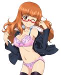  1girl armpit_peek black_legwear blush bra breasts brown_eyes cleavage closed_mouth collarbone girls_und_panzer glasses kayabakoro large_breasts lingerie long_hair looking_at_viewer military military_uniform navel one_eye_closed ooarai_military_uniform orange_hair panties pink_bra pink_panties shiny shiny_hair simple_background smile solo takebe_saori thighhighs underwear uniform white_background 