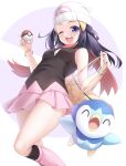  1girl ;d bag beanie black_shirt blue_hair commentary_request dawn_(pokemon) hat highres holding holding_poke_ball long_hair looking_at_viewer naoki_(endofcentury102) one_eye_closed pink_skirt piplup poke_ball pokemon pokemon_(creature) pokemon_(game) pokemon_dppt red_scarf scarf shirt skirt sleeveless sleeveless_shirt smile solo white_headwear 