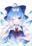  1girl ;d absurdres ahoge bangs blue_bow blue_dress blue_eyes blue_hair blush bow breasts cirno collar collared_shirt dress eyebrows_visible_through_hair fairy_wings fang frills hair_between_eyes hair_bow hand_on_own_cheek hand_on_own_face highres ice ice_cube ice_wings ke-ta looking_at_viewer neck_ribbon non-web_source one_eye_closed open_mouth puffy_short_sleeves puffy_sleeves red_neckwear red_ribbon ribbon scan shirt short_hair short_sleeves simple_background smile solo teeth touhou translation_request upper_teeth white_background white_collar white_shirt wings 