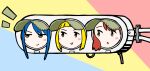  3girls :o akamatsu_yui aoyama_kotoha_(mitsuboshi_colors) blonde_hair blue_hair blush_stickers brown_hair commentary doyagao highres kise_saki mitsuboshi_colors multiple_girls nairage objectification simple_background smug traffic_light yellow_eyes 