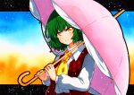 1girl :d ascot blue_background blush buttons collared_shirt dress_shirt eyebrows_visible_through_hair green_hair head_tilt holding holding_umbrella kazami_yuuka long_sleeves looking_at_viewer multicolored_background open_clothes open_mouth open_vest orange_background orange_eyes pink_umbrella qqqrinkappp red_vest shirt short_hair smile solo touhou traditional_media umbrella upper_body vest white_shirt yellow_ascot 